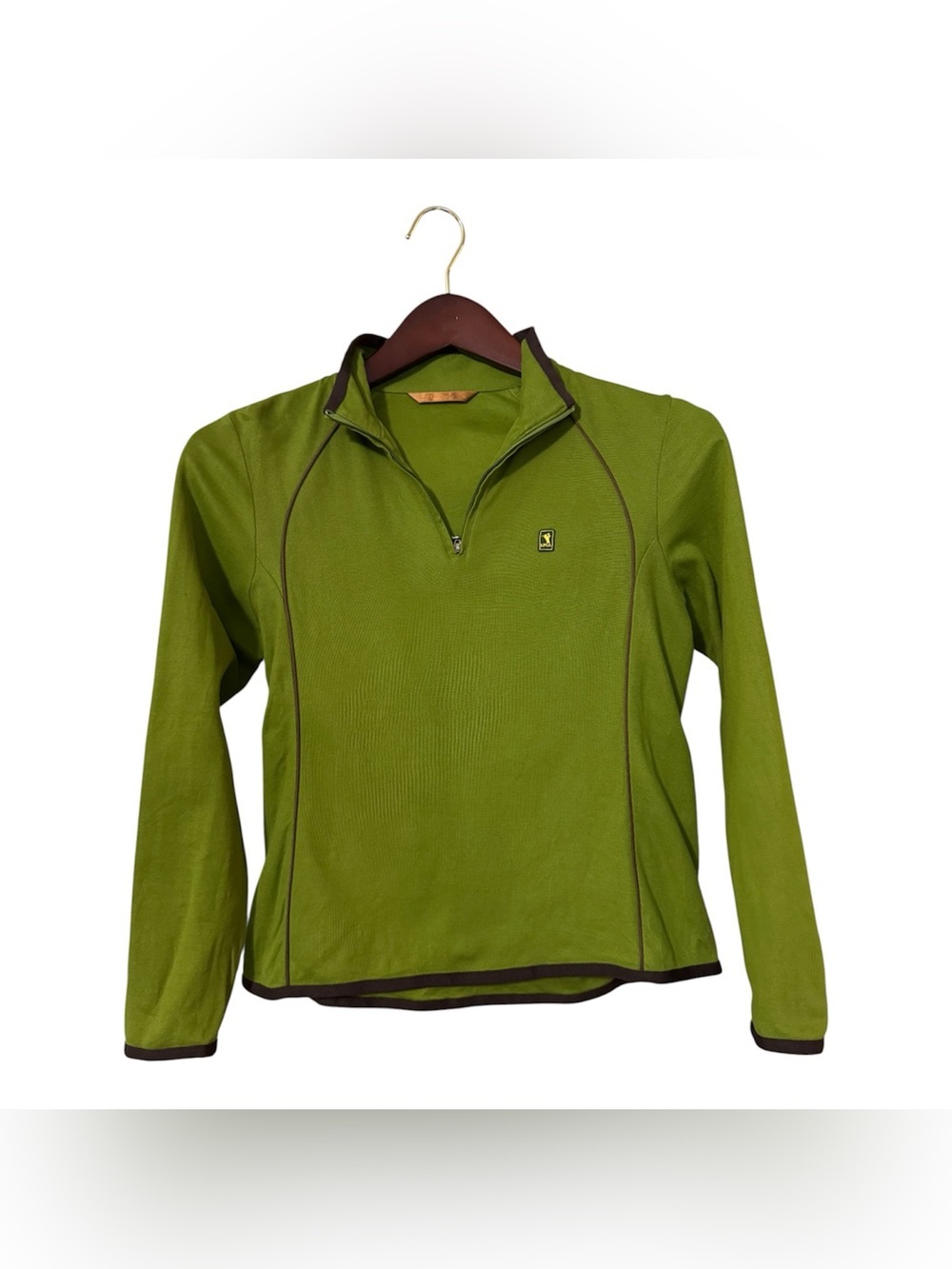 LPGA Green 1/4 Zip Golf Pullover Top Brown Trim Size 95 Fits US S/M